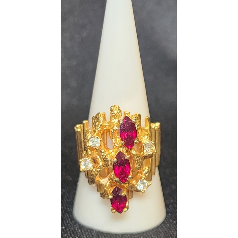 VTG 18K HGE Brutalist Gold Nugget Ring Marquise Red Ruby CZ Statement Size 8.5